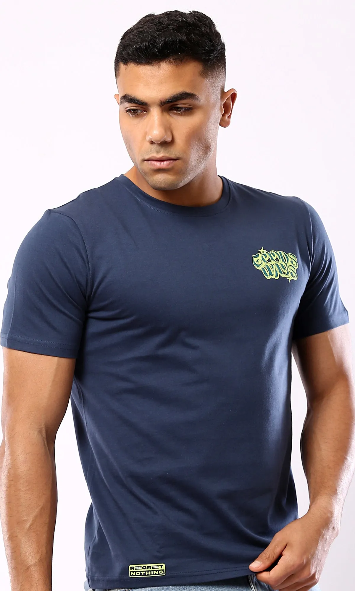 O182898 Printed "Goods Ways" Light Navy Blue Cotton Tee