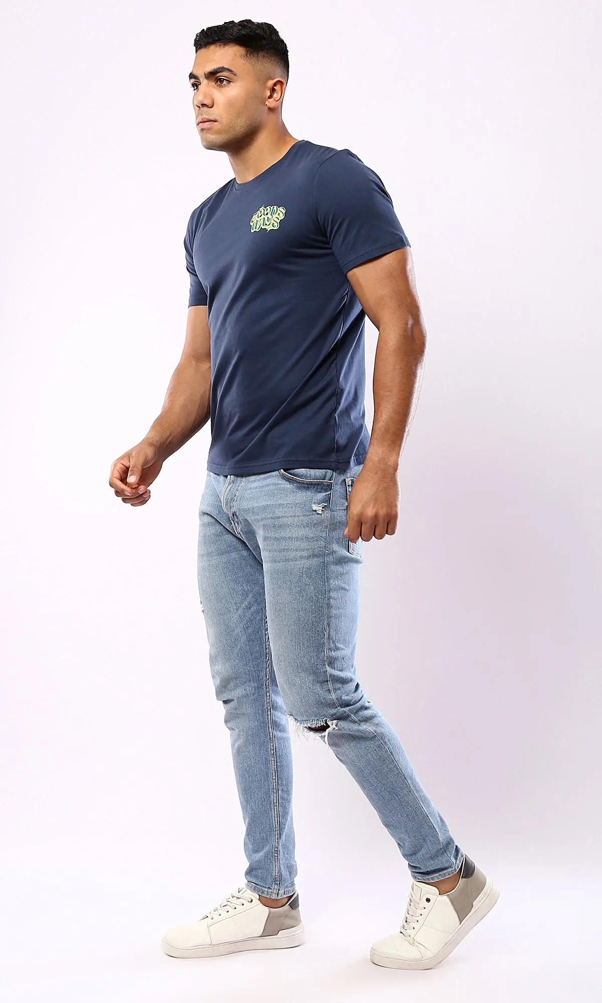 O182898 Printed "Goods Ways" Light Navy Blue Cotton Tee