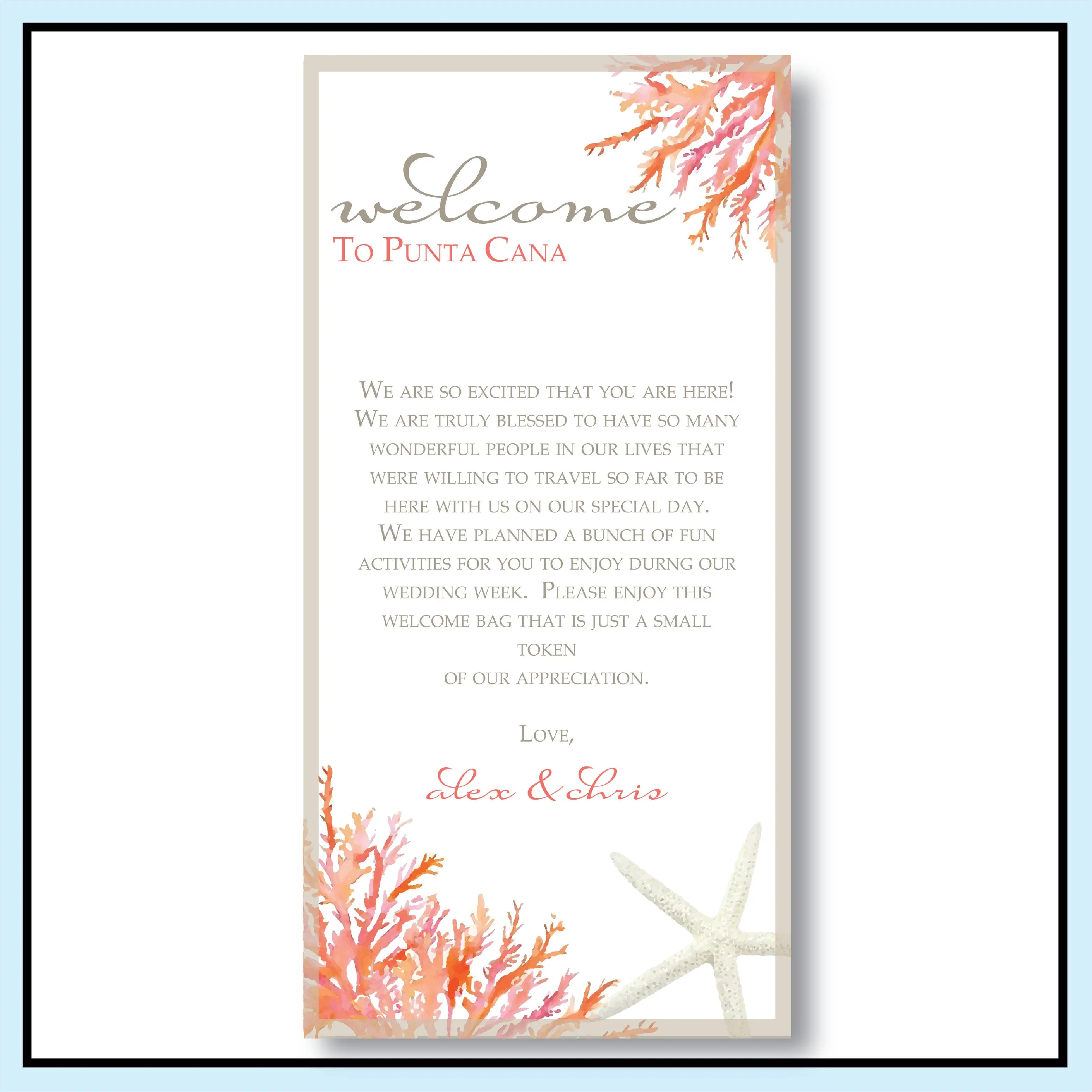Personalized Wedding Welcome Letter & Itinerary - Living Coral