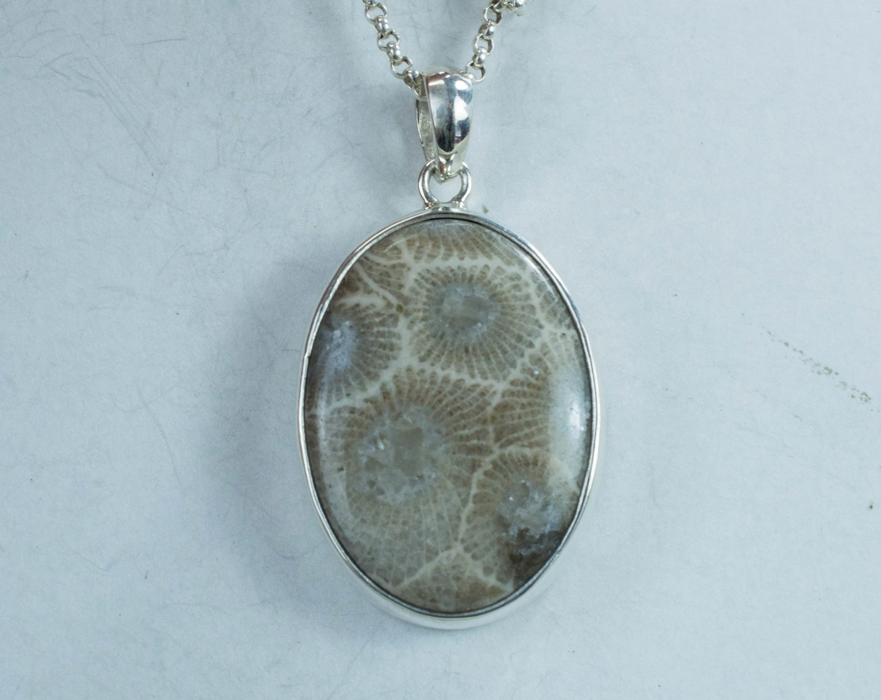 Petoskey Stone Sterling Silver Pendant; Genuine Untreated Michigan Fossil Coral; Petoskey Stone