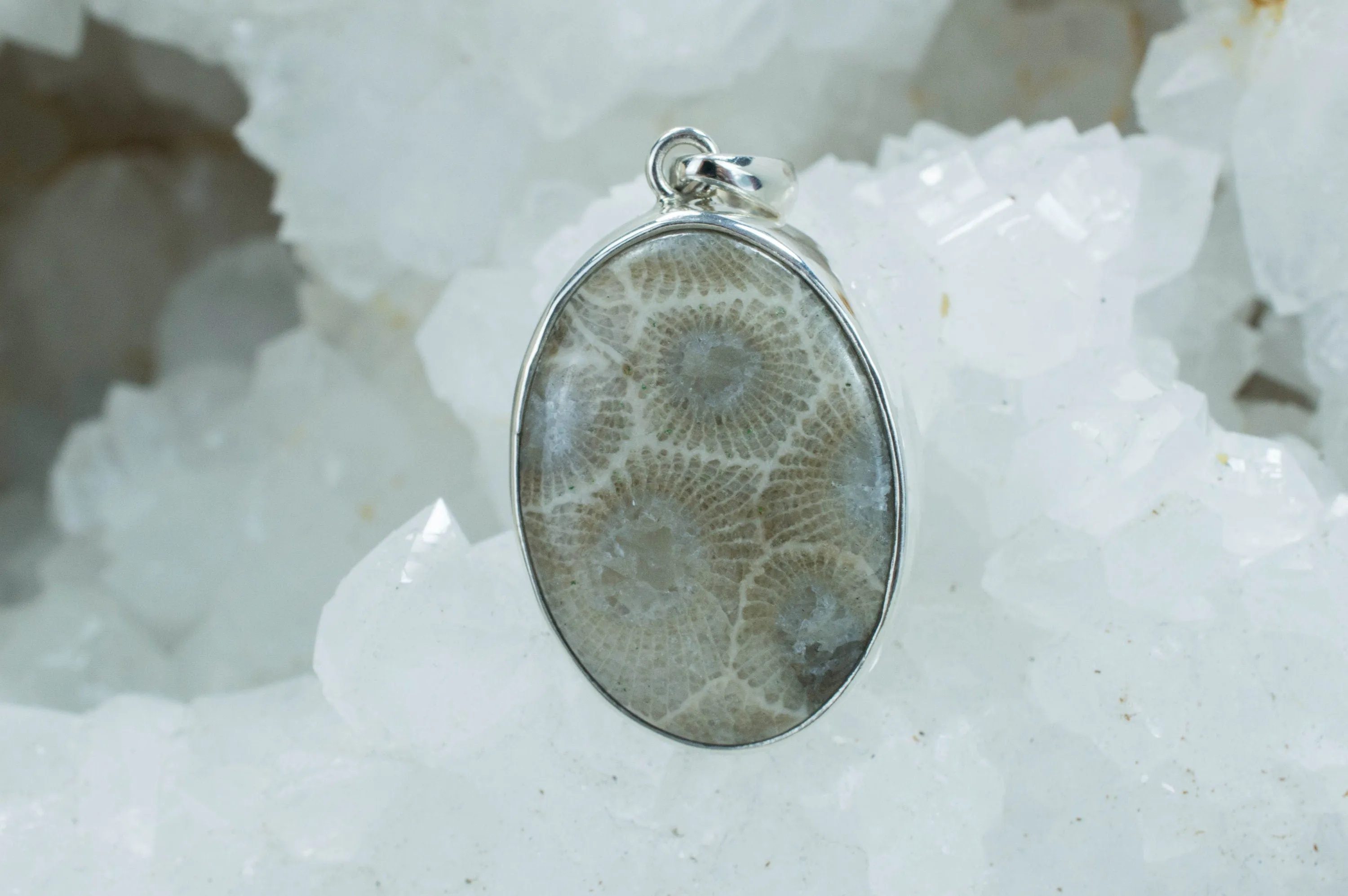 Petoskey Stone Sterling Silver Pendant; Genuine Untreated Michigan Fossil Coral; Petoskey Stone