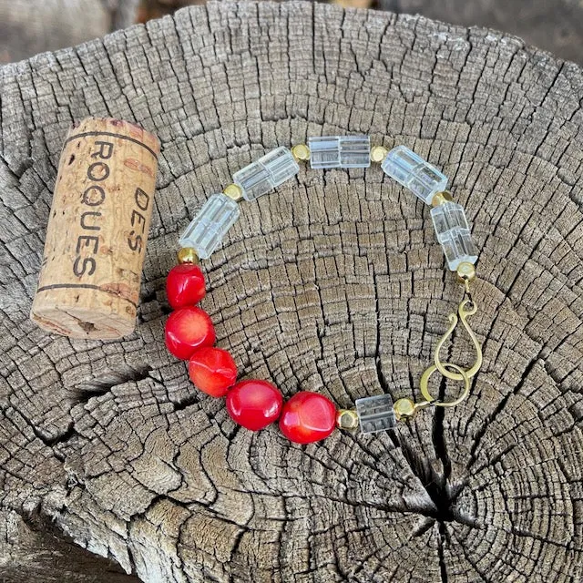 Red coral and crystal bracelet