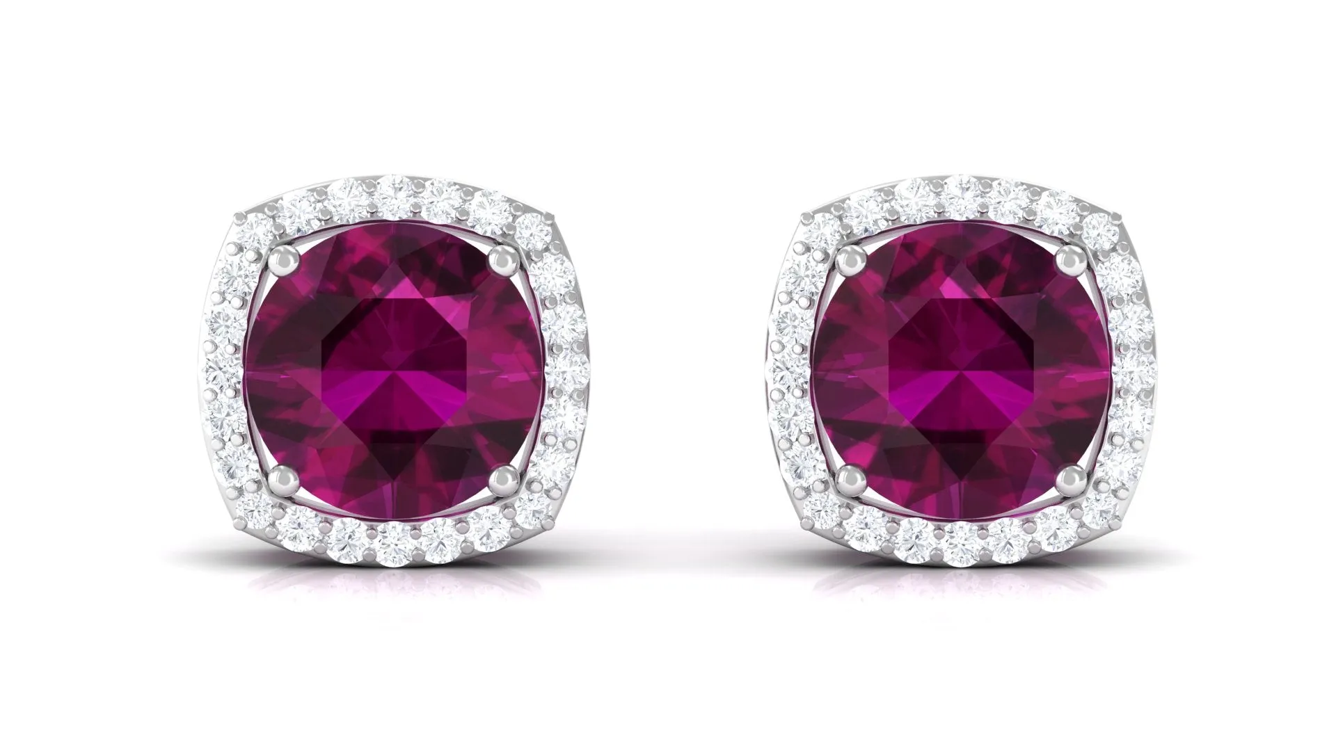 Round Shape Rhodolite and Diamond Halo Stud Earrings