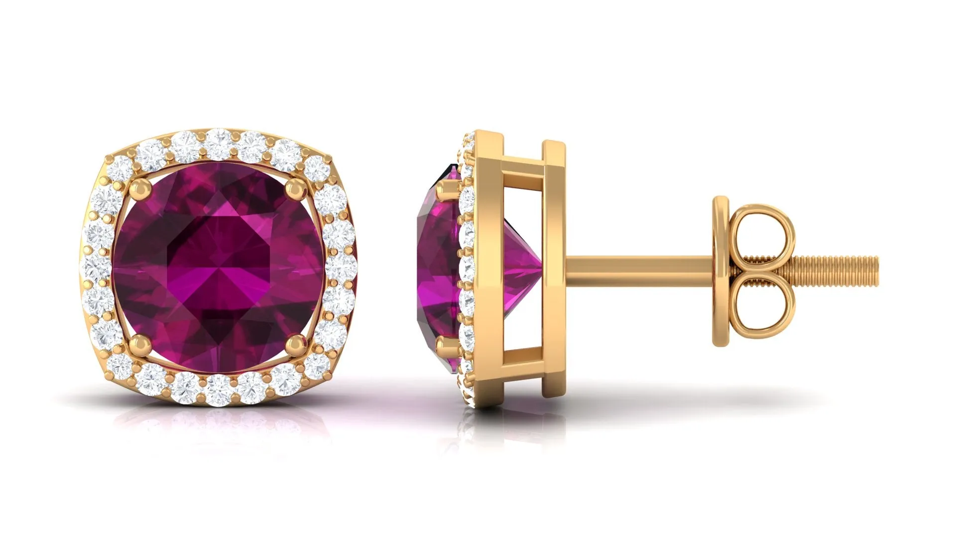 Round Shape Rhodolite and Diamond Halo Stud Earrings