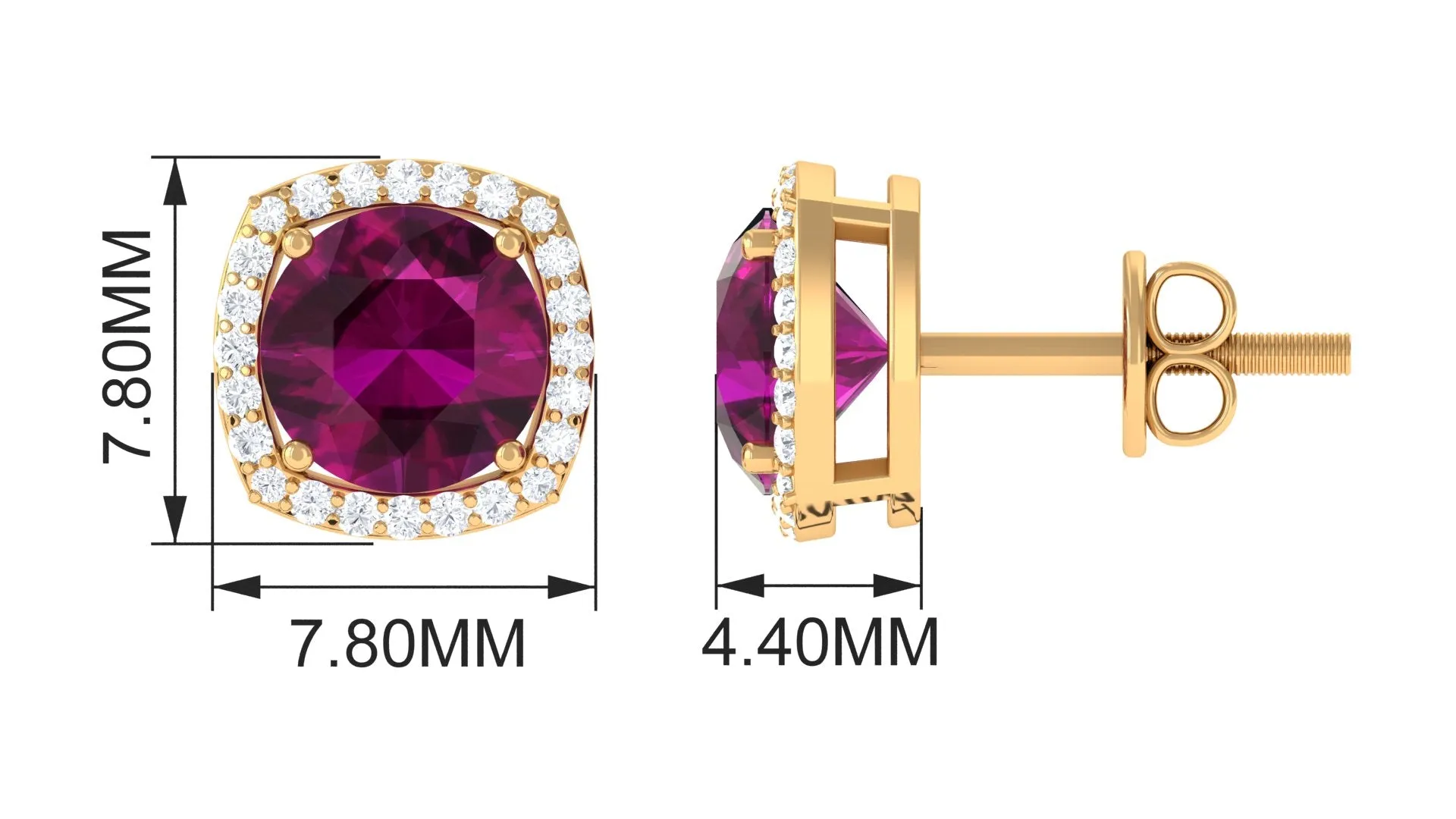 Round Shape Rhodolite and Diamond Halo Stud Earrings
