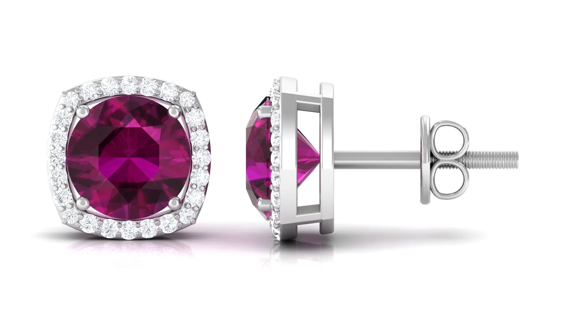 Round Shape Rhodolite and Diamond Halo Stud Earrings