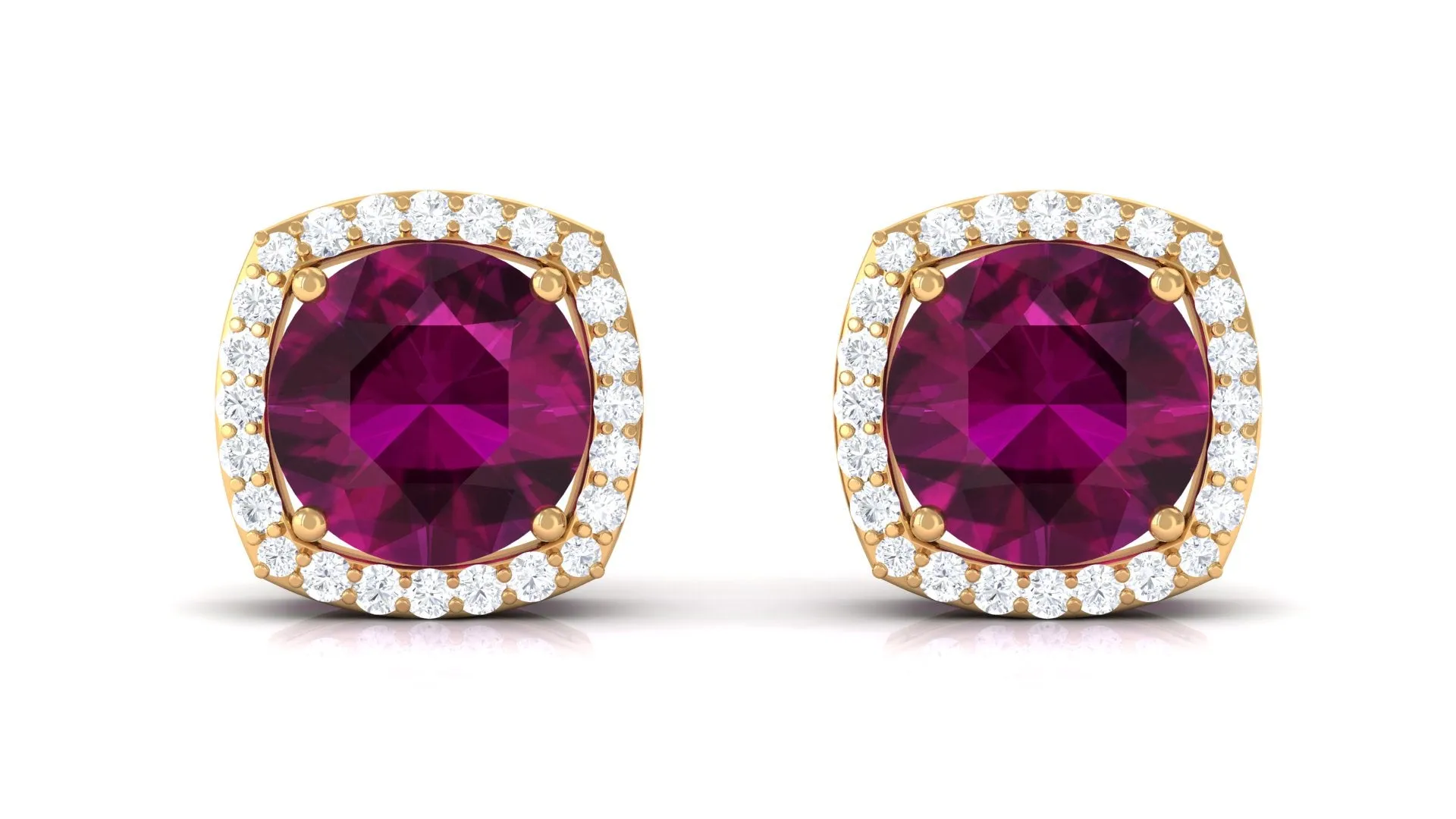 Round Shape Rhodolite and Diamond Halo Stud Earrings