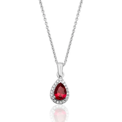 Silver & Co London Sterling Silver Cubic Zirconium & Simulated Ruby Pear Halo Cluster Ring