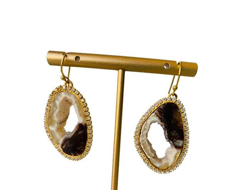 Smokey Quartz Geode/Rhinestone Pierced Earrings