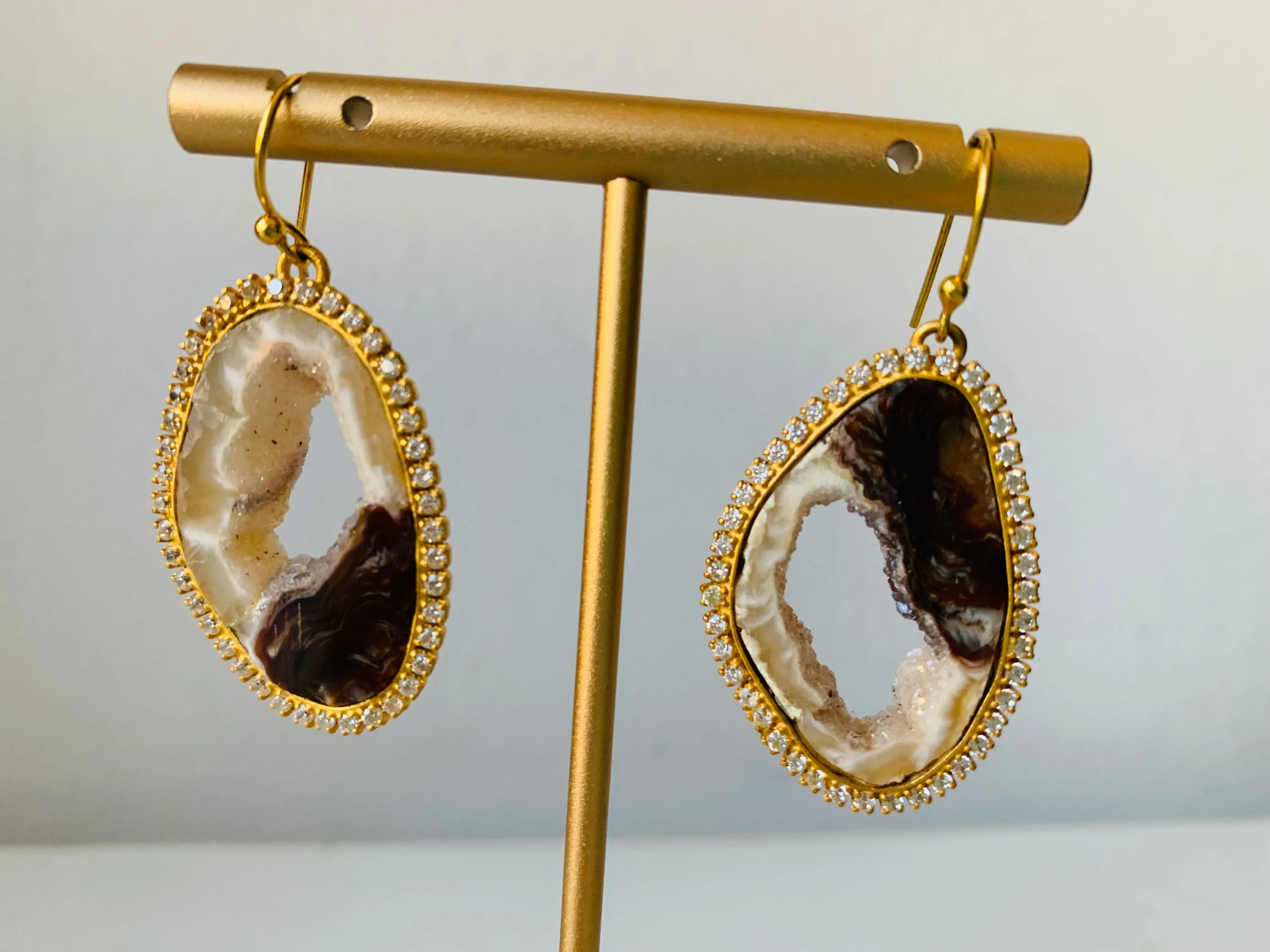 Smokey Quartz Geode/Rhinestone Pierced Earrings