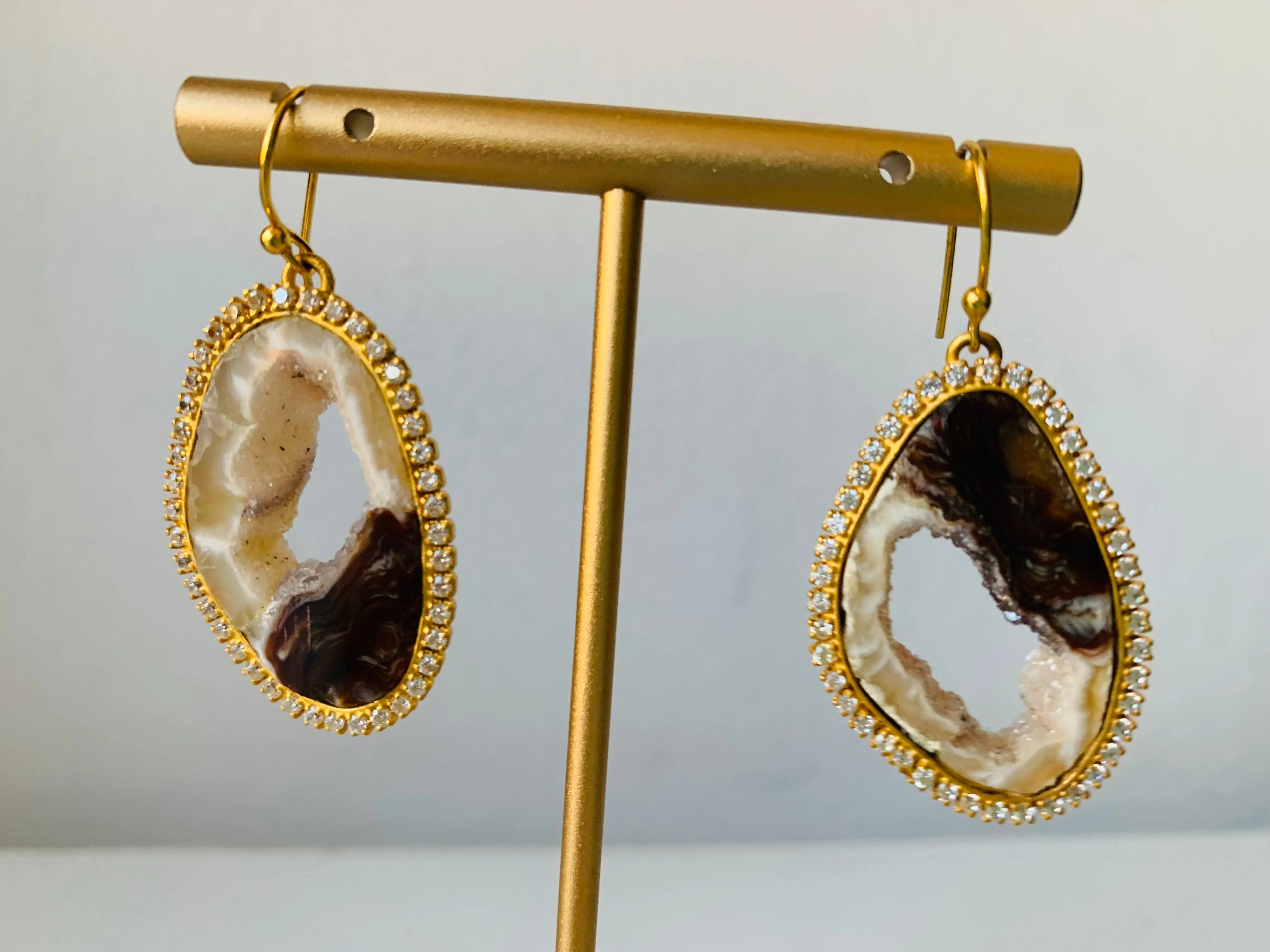 Smokey Quartz Geode/Rhinestone Pierced Earrings