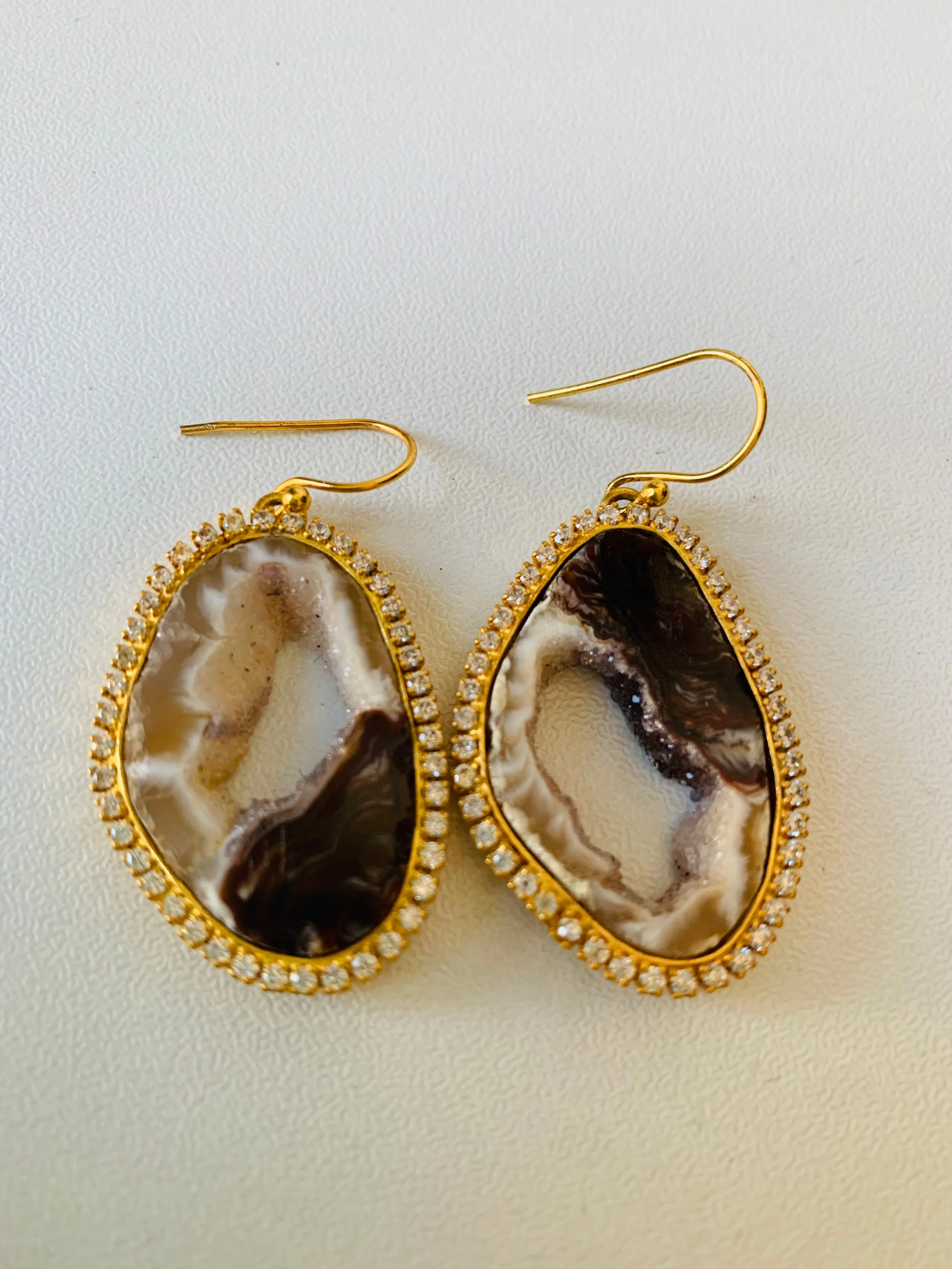Smokey Quartz Geode/Rhinestone Pierced Earrings