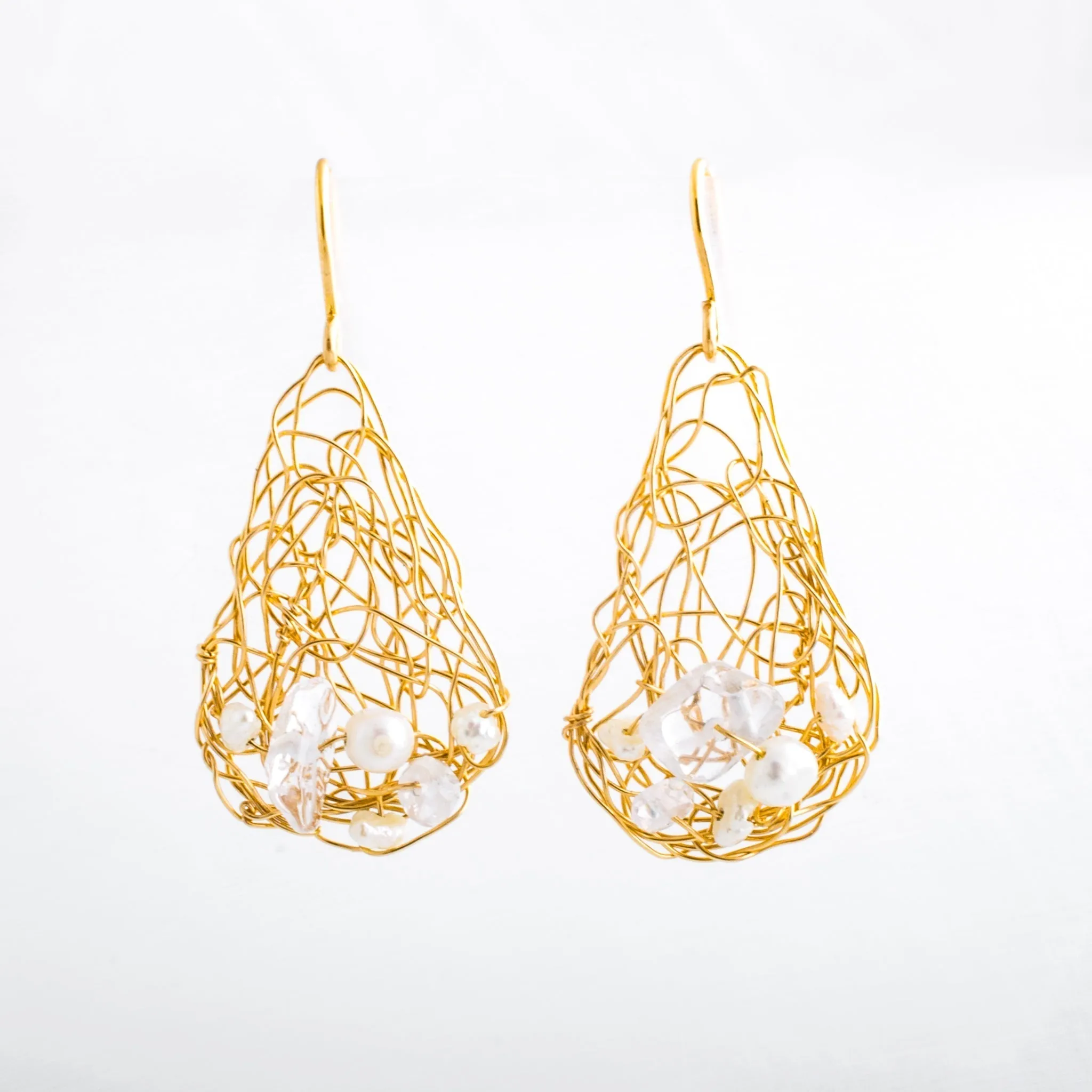 Spun Triangle Earrings with Keishi Pearls and Quartz