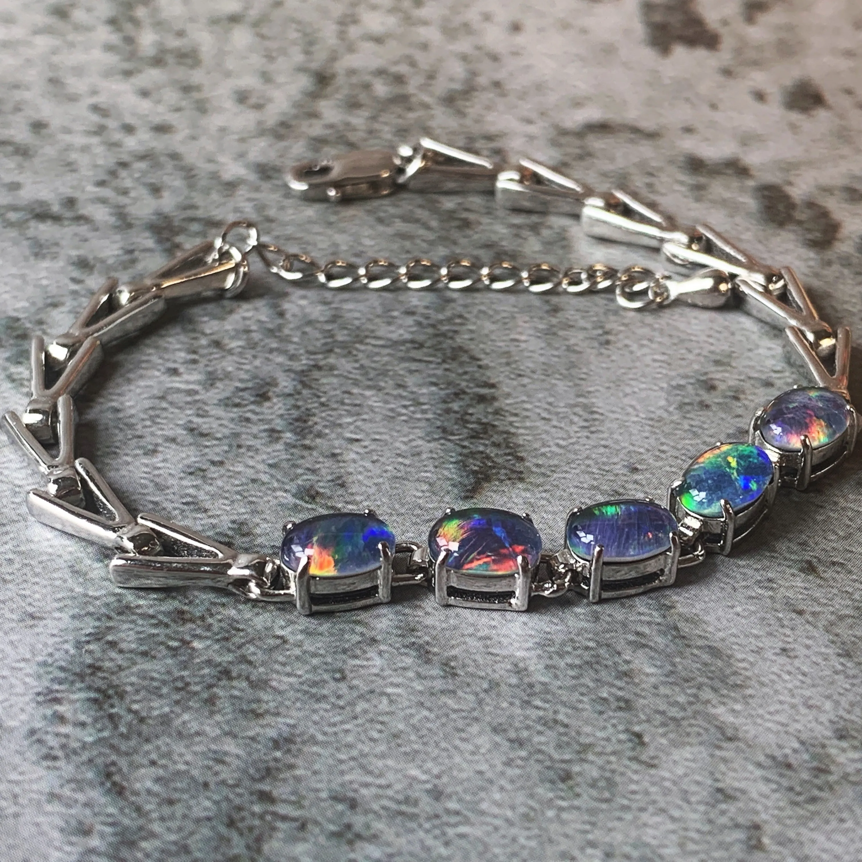 Sterling Silver 5 Opal triplet 8x6mm bracelet triangle design bracelet