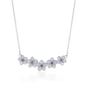Sterling Silver Five Flower With Center Ruby CZ Necklace