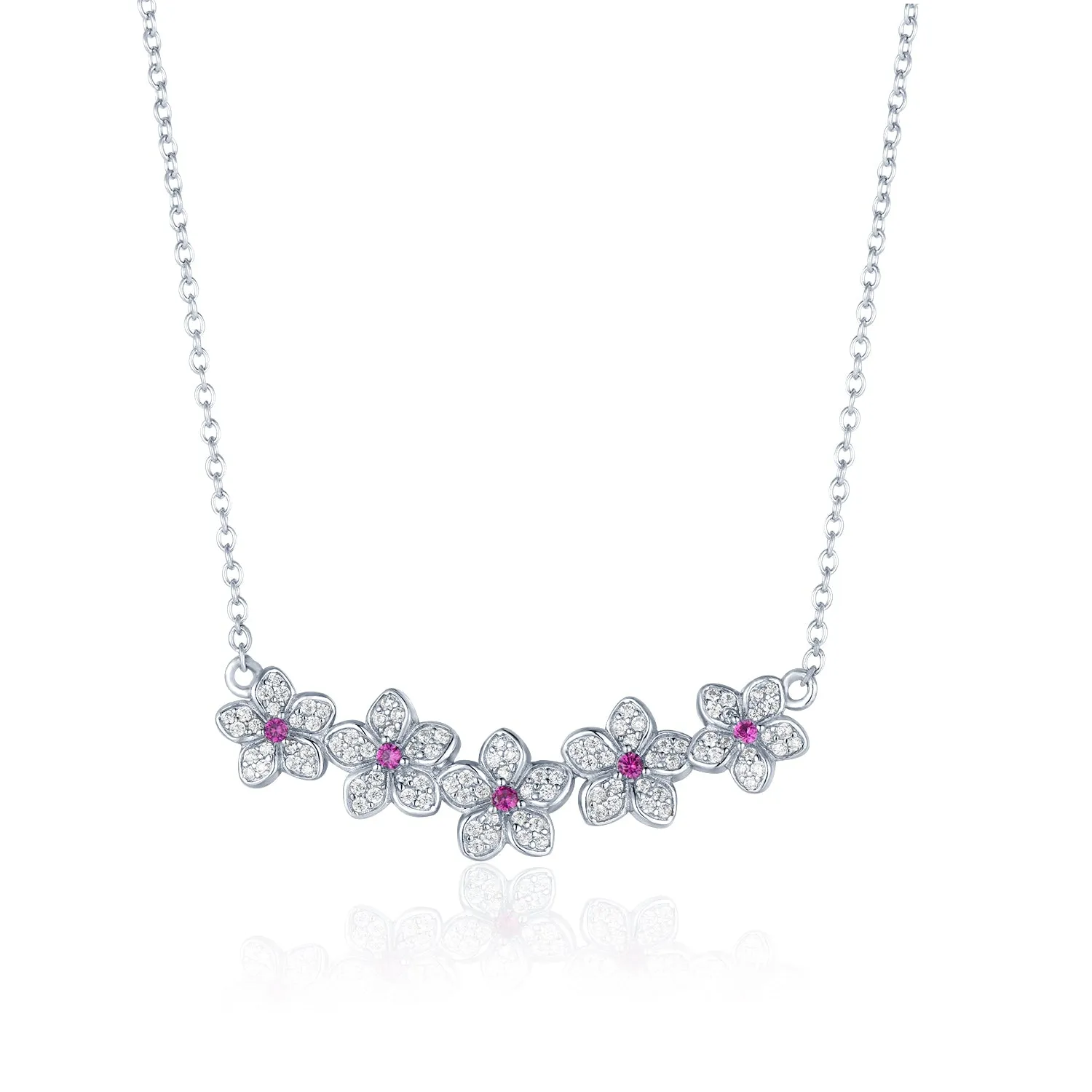 Sterling Silver Five Flower With Center Ruby CZ Necklace