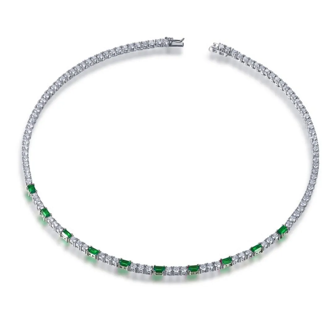 Sterling Silver Tennis Necklace With Interspersed Ruby or Sapphire CZ Stones