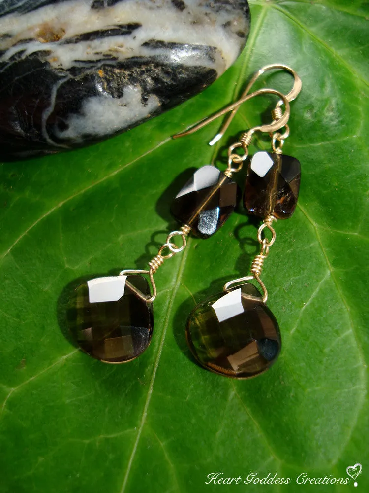The Elegant Faceted Smokey Quartz Dangle Earrings (Silver or Gold)