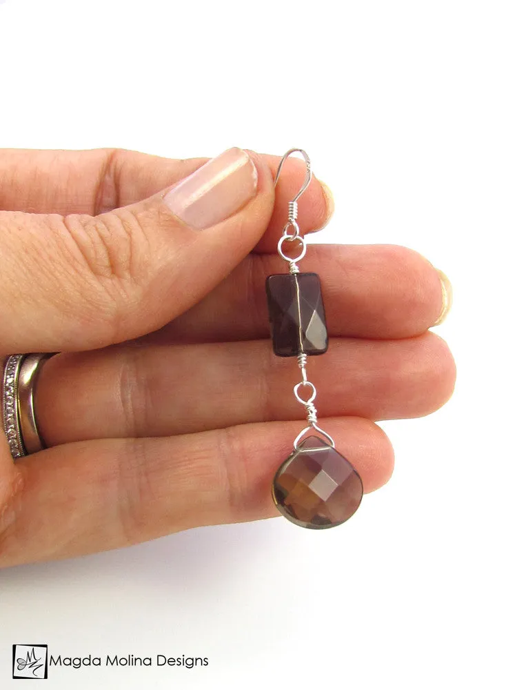 The Elegant Faceted Smokey Quartz Dangle Earrings (Silver or Gold)