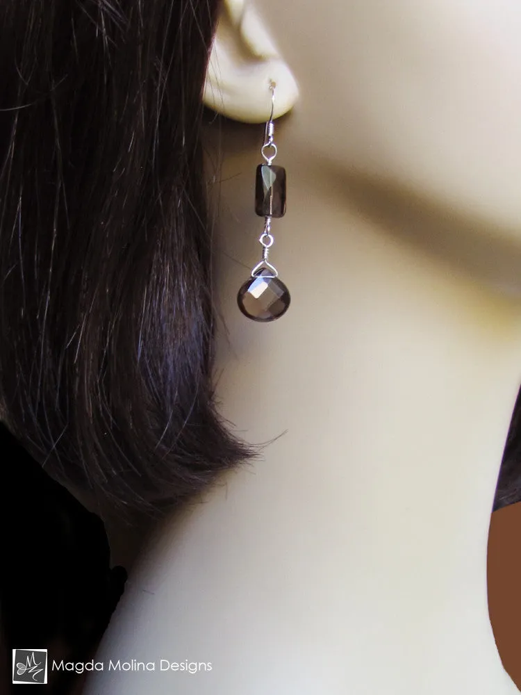 The Elegant Faceted Smokey Quartz Dangle Earrings (Silver or Gold)