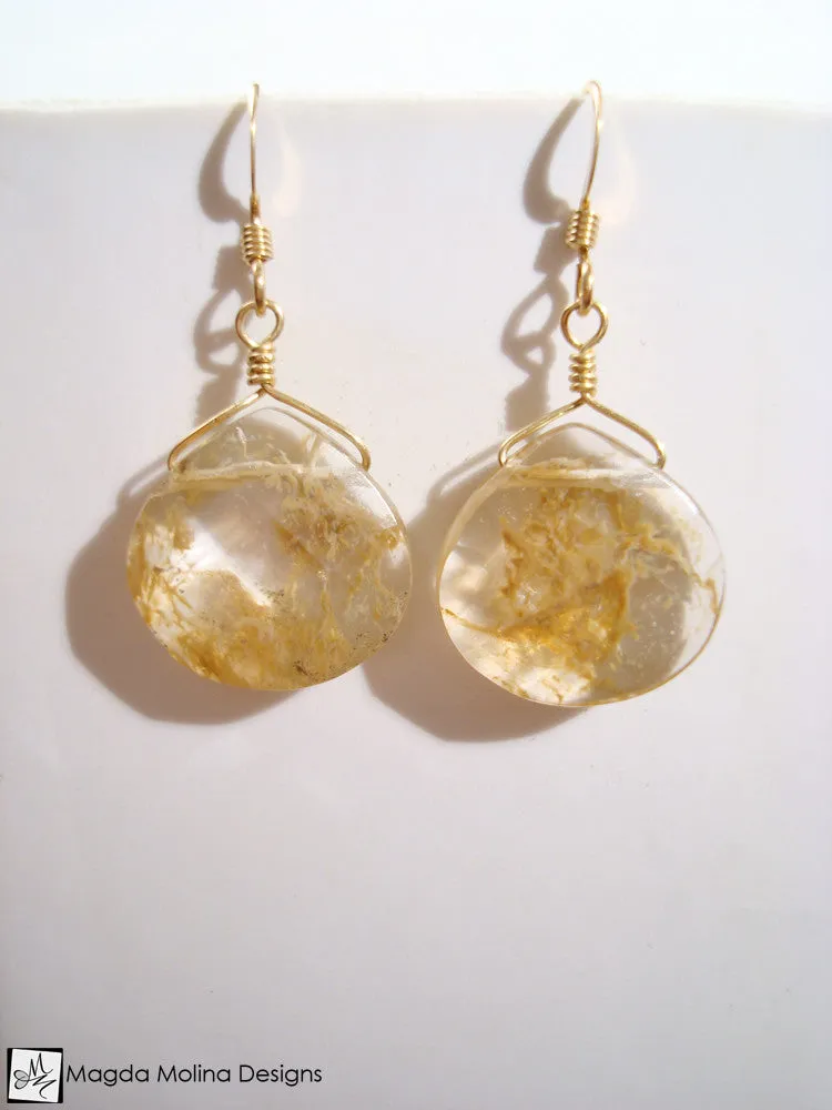 The Elegant Gold And Rutilated Quartz Dangle Earrings