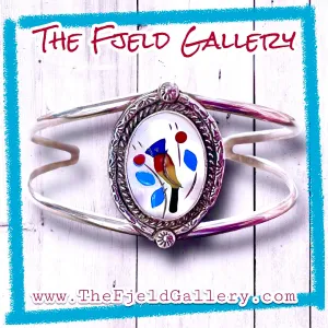 Vintage Native American Zuni Red, Yellow & Blue Bird Sterling Cuff Bracelet