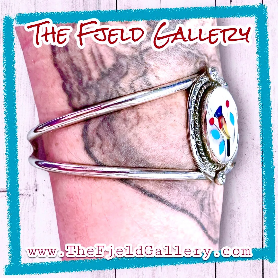 Vintage Native American Zuni Red, Yellow & Blue Bird Sterling Cuff Bracelet
