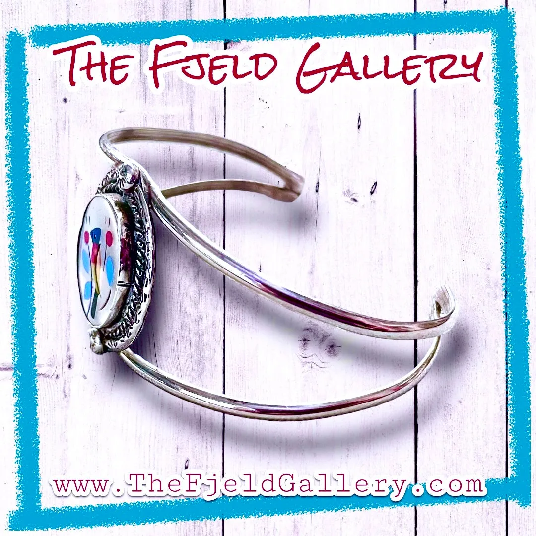Vintage Native American Zuni Red, Yellow & Blue Bird Sterling Cuff Bracelet