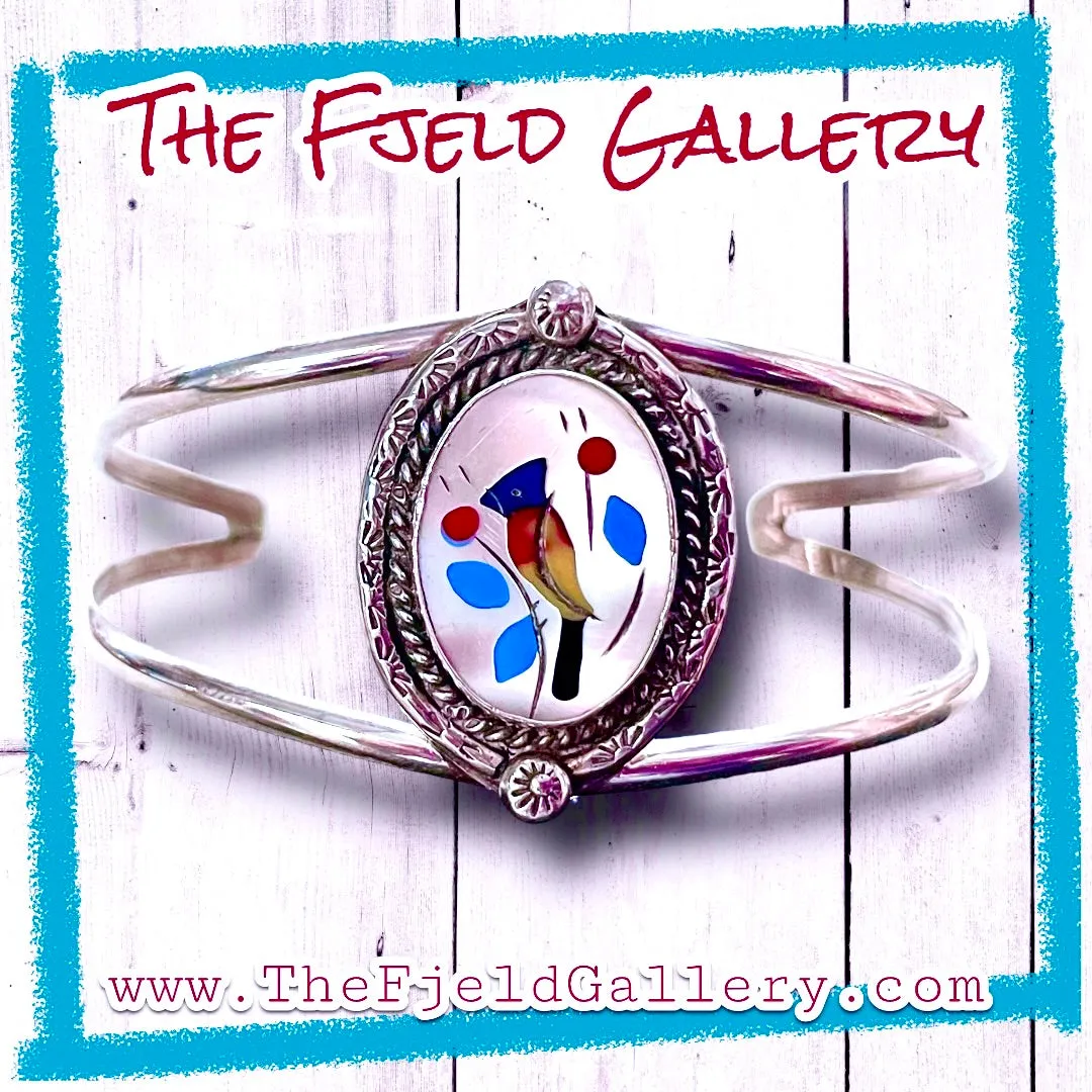 Vintage Native American Zuni Red, Yellow & Blue Bird Sterling Cuff Bracelet