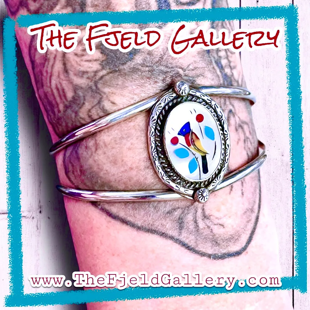 Vintage Native American Zuni Red, Yellow & Blue Bird Sterling Cuff Bracelet