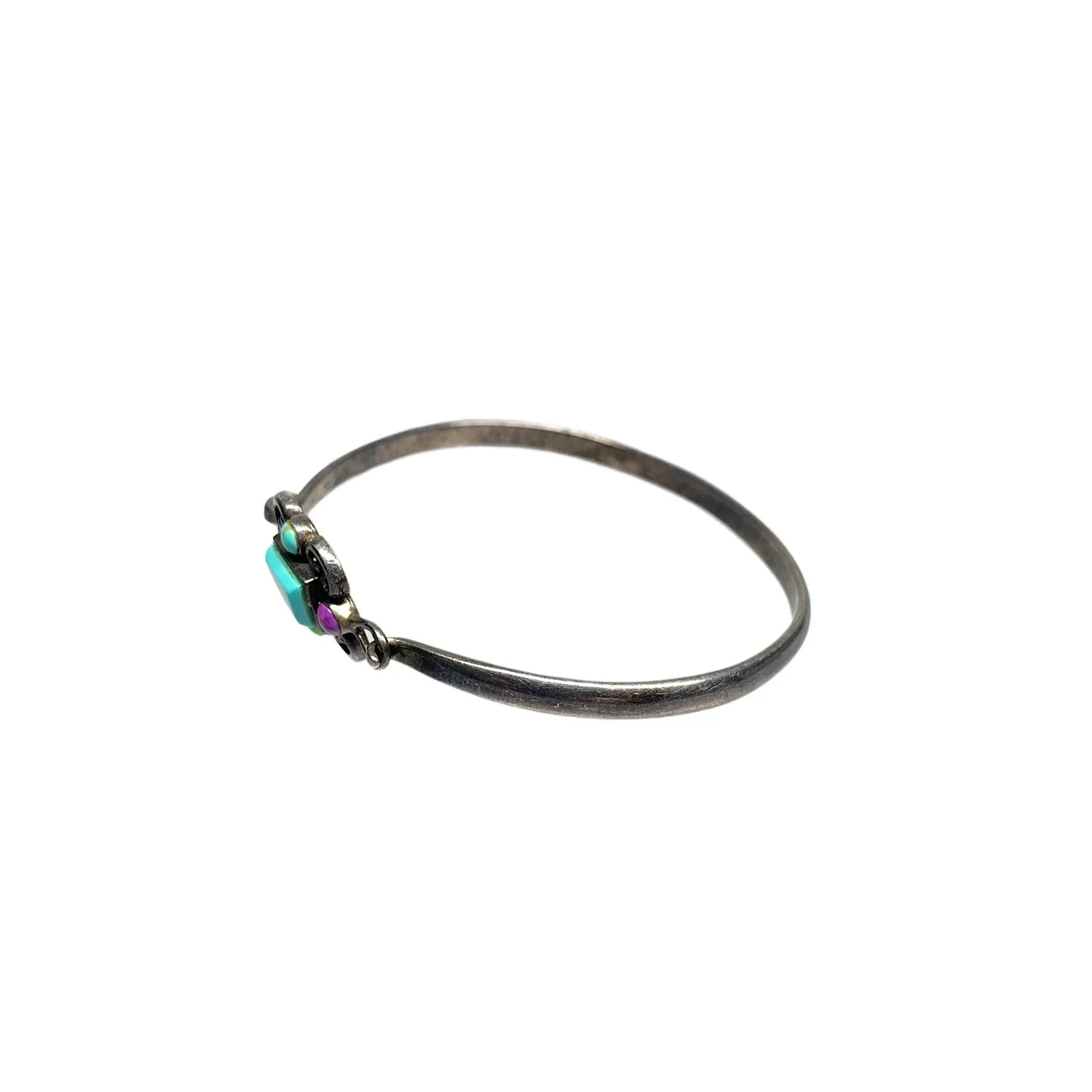 Vintage Old Pawn Zuni Sterling Silver and Multi-Stone Hinged Bangle Bracelet