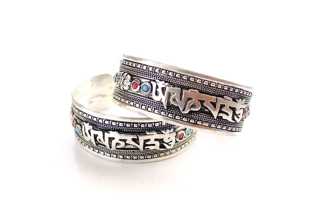White Metal Silver Plated Om Mani Encarved Cuff Bracelet