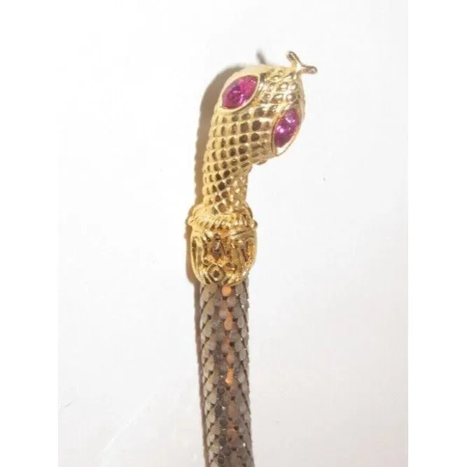 Whiting & Davis vtg silver & gold mesh snake necklace with red stone eyes!
