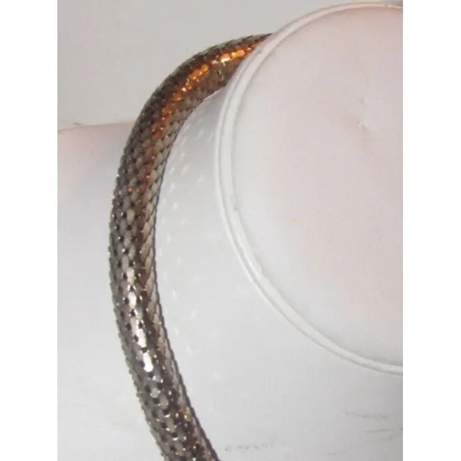 Whiting & Davis vtg silver & gold mesh snake necklace with red stone eyes!