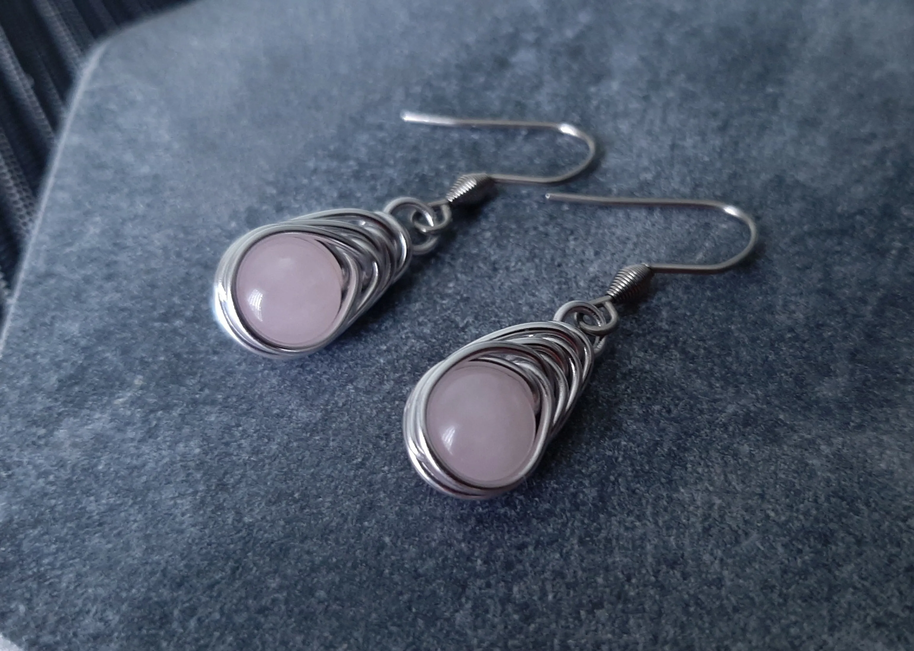 Wire Wrapped Rose Quartz Elegant Herringbone Weave Drop Dangle Bead Earrings