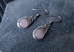 Wire Wrapped Rose Quartz Elegant Herringbone Weave Drop Dangle Bead Earrings